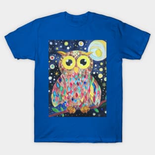 Cute multicoloured rainbow owl jewelled silver gold painting T-Shirt
